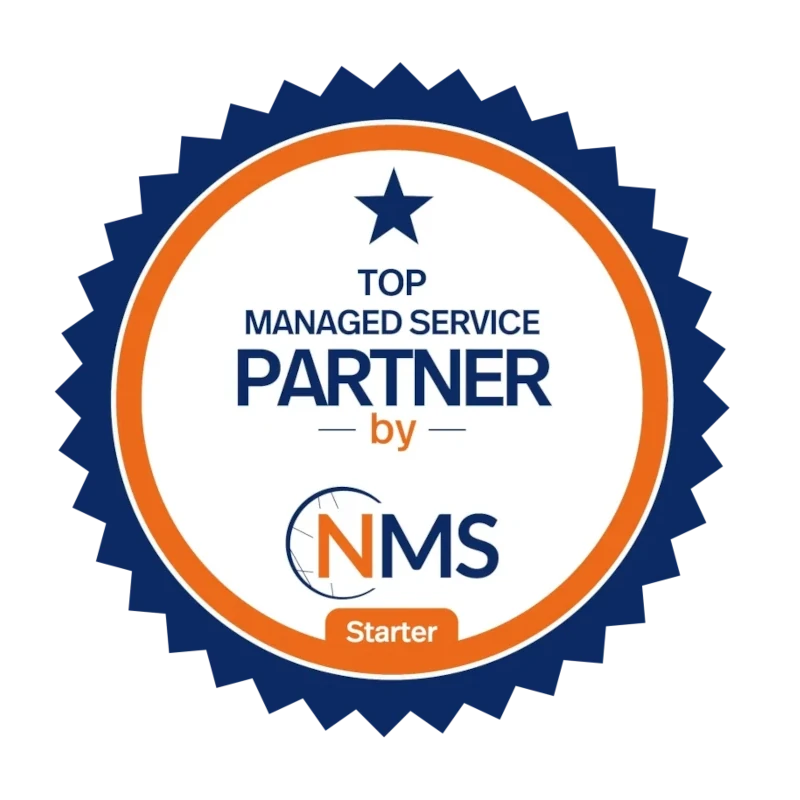 Siegel „Top Managed Service Partner by NMS Starter“ in Blau und Orange
