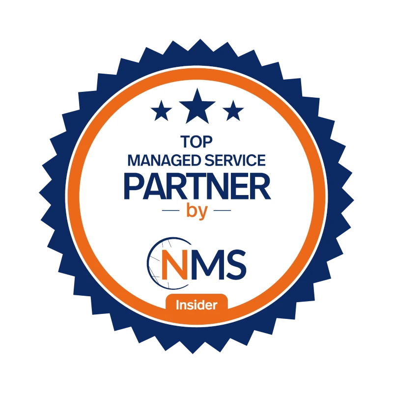 NMS-Abzeichen „Top Managed Service Partner“, Insider, blau-orange Siegel mit Sternen